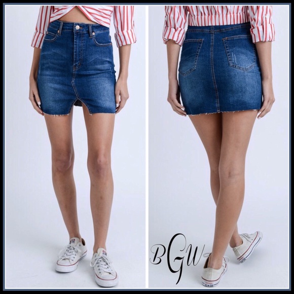 🌺🆕High Waisted Denim Skirt Frayed Hem - Picture 2 of 7